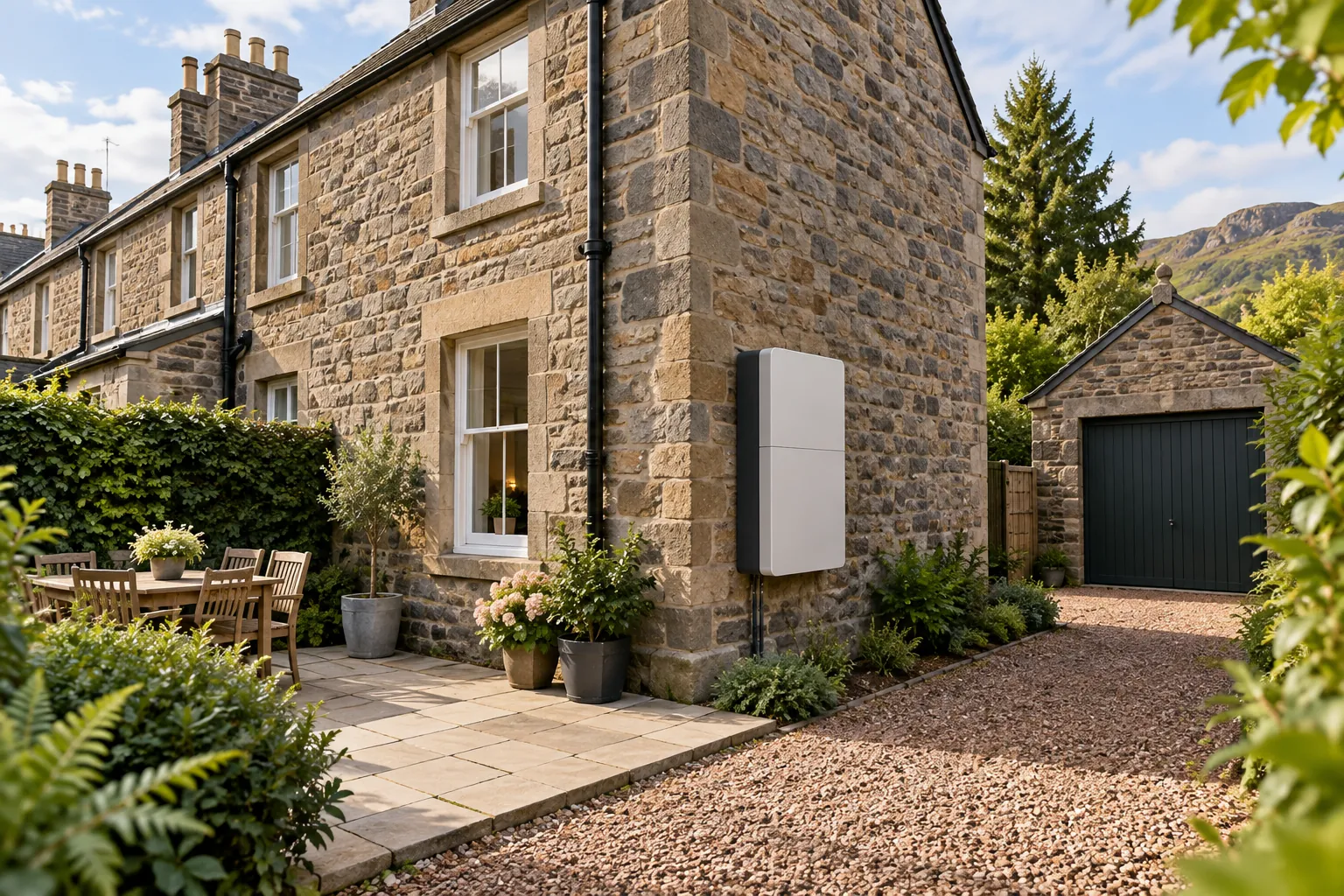 Illustrative battery on a traditional Scottish home's side wall