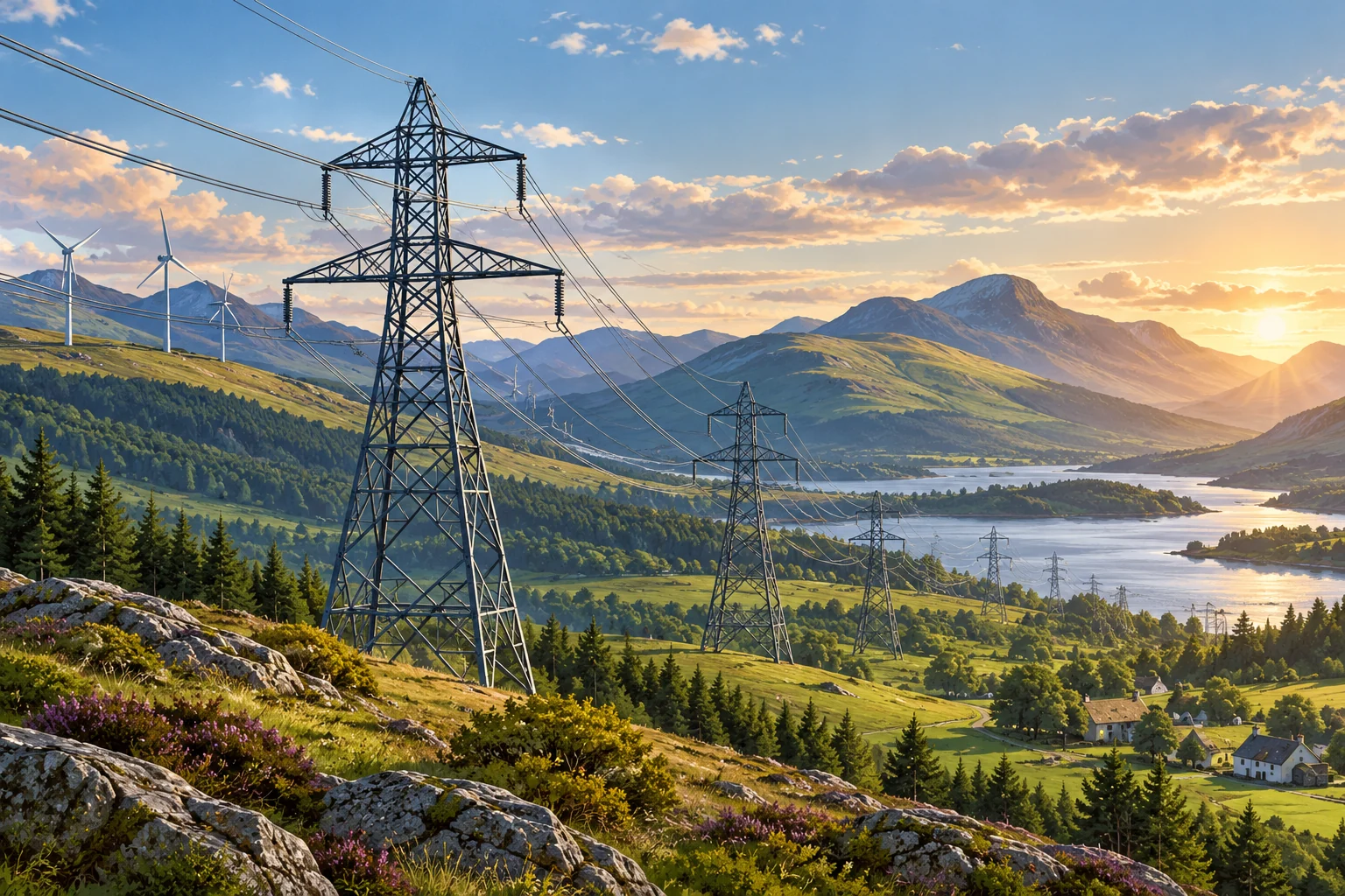 Illustrative Highland landscape with grid pylons and wind turbines