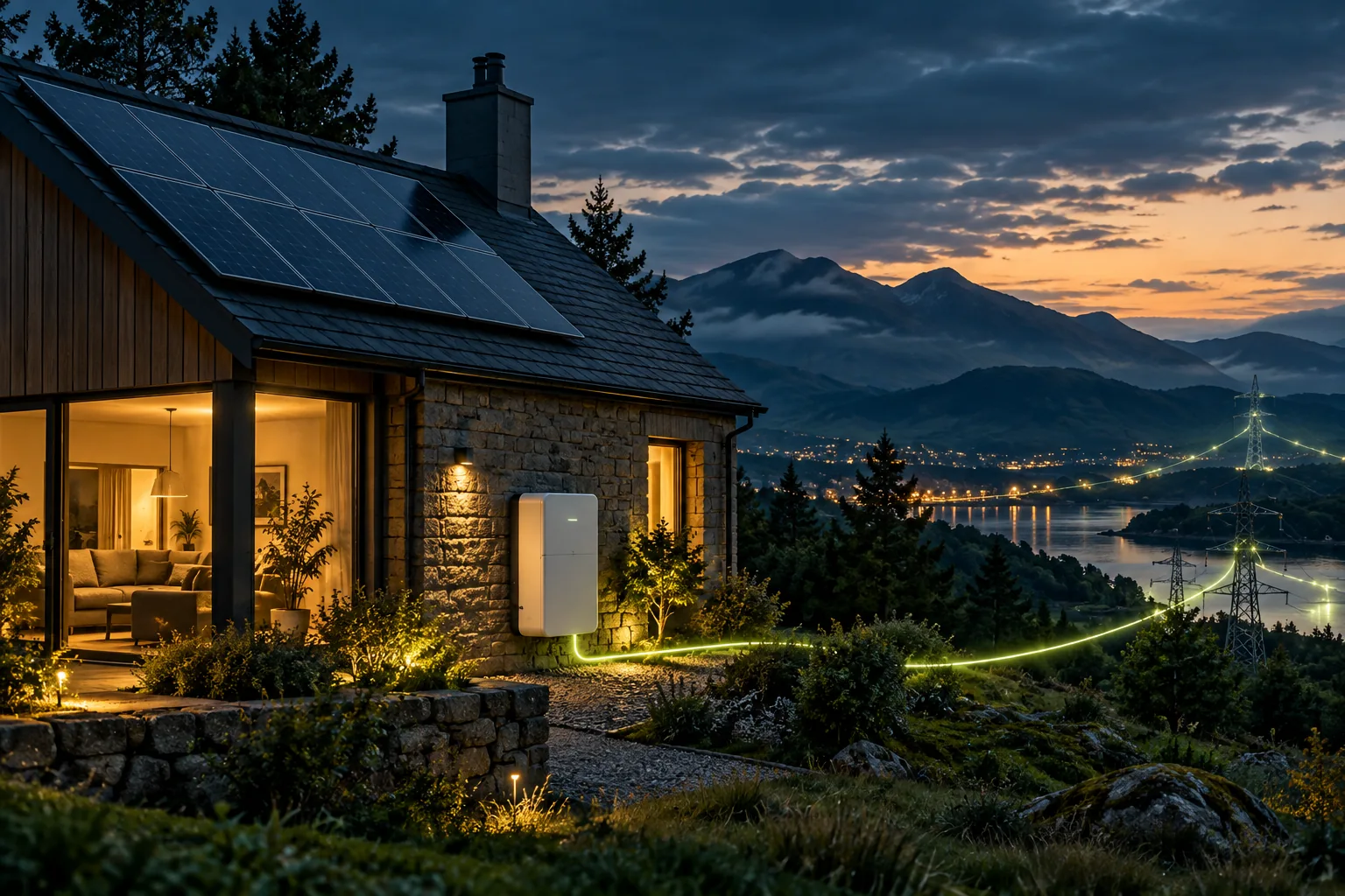 Conceptual illustration of a Scottish solar home, battery and electricity grid
