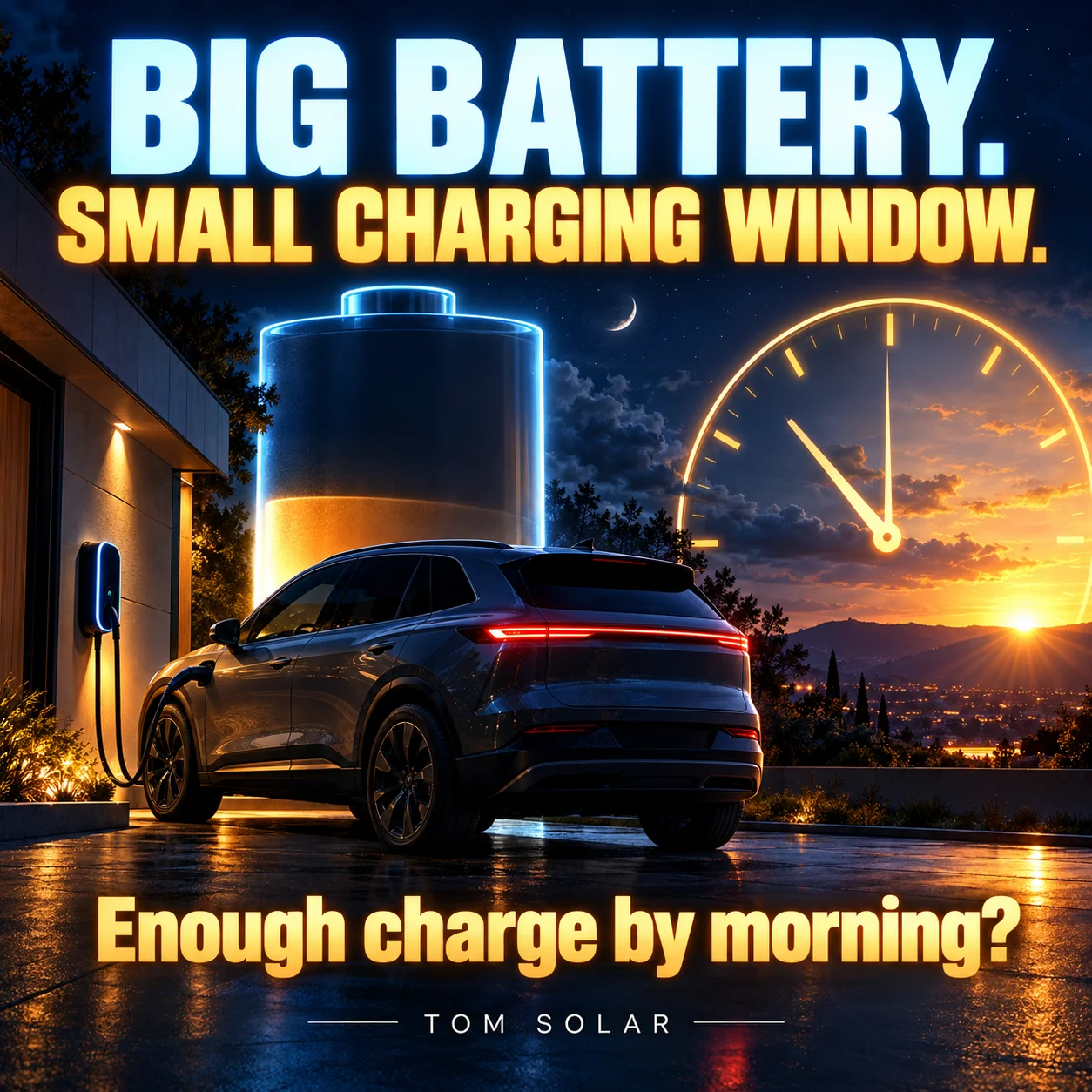 Illustration of a large EV battery, home charger and clock approaching morning